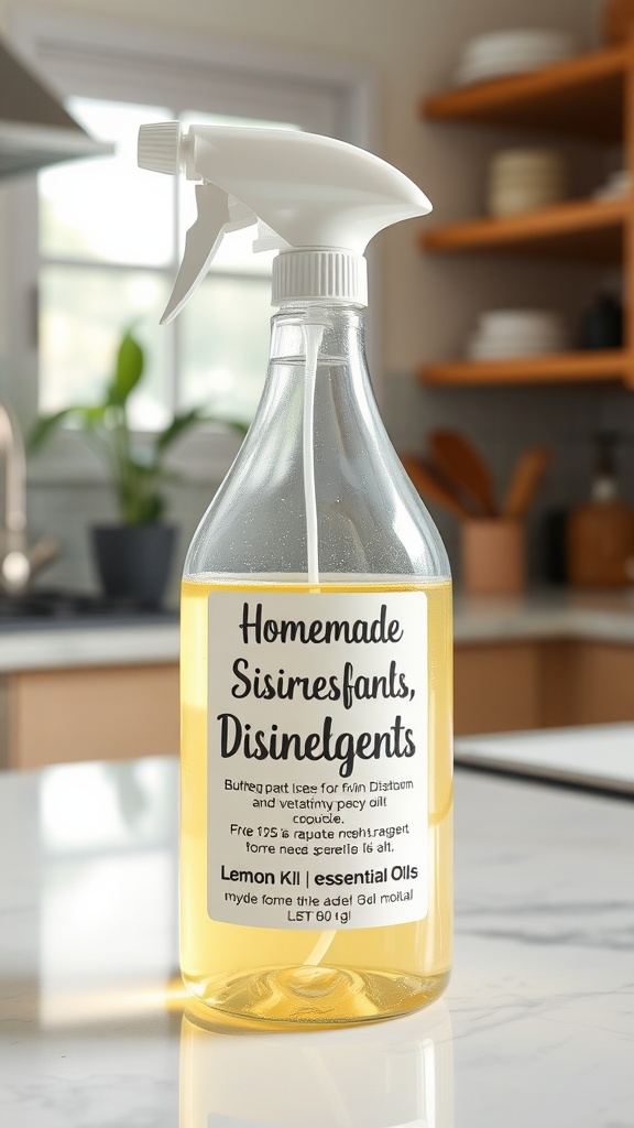 A bottle of homemade disinfectant spray with a label featuring lemon and essential oils.