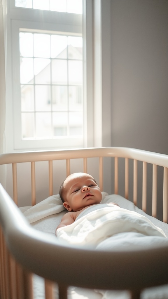 A peaceful newborn laying in a crib with sunlight streaming through a nearby window.