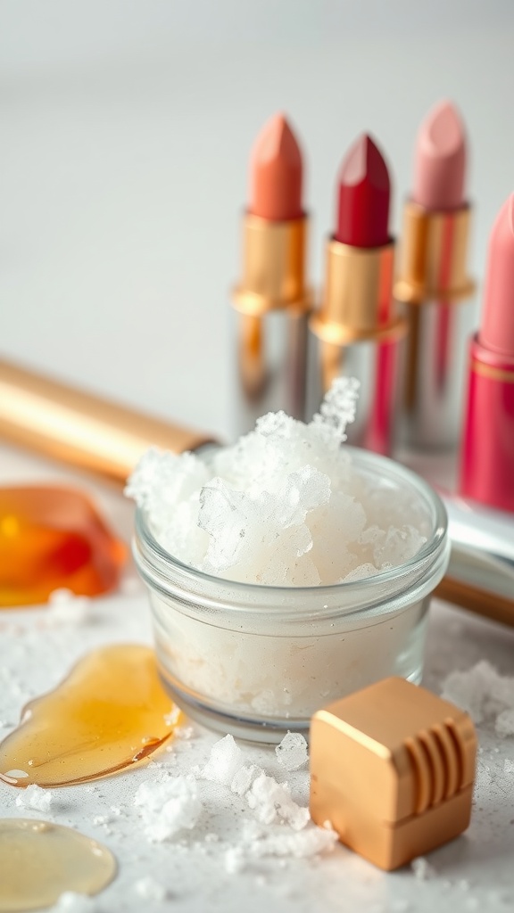 Ingredients for a natural lip scrub including sugar, honey, and coconut oil, with colorful lipsticks in the background.