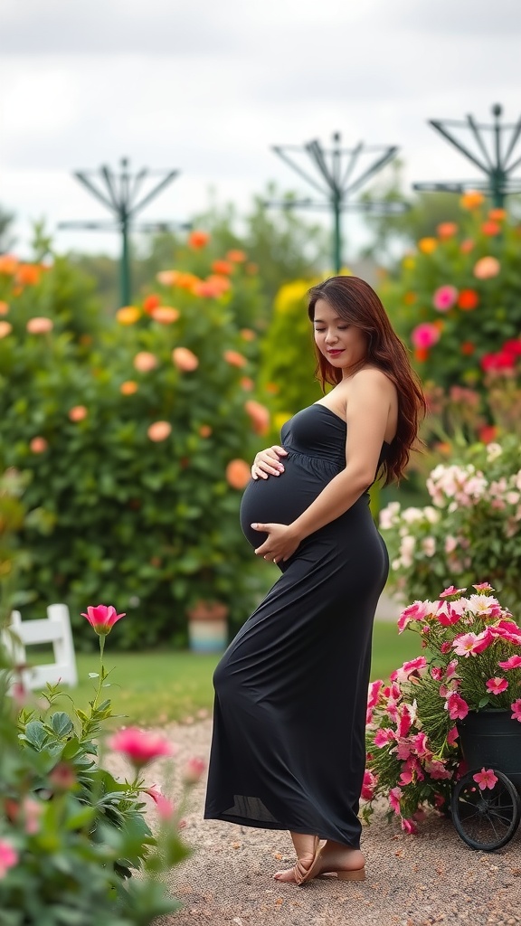 A pregnant woman in a garden surrounded by colorful flowers.