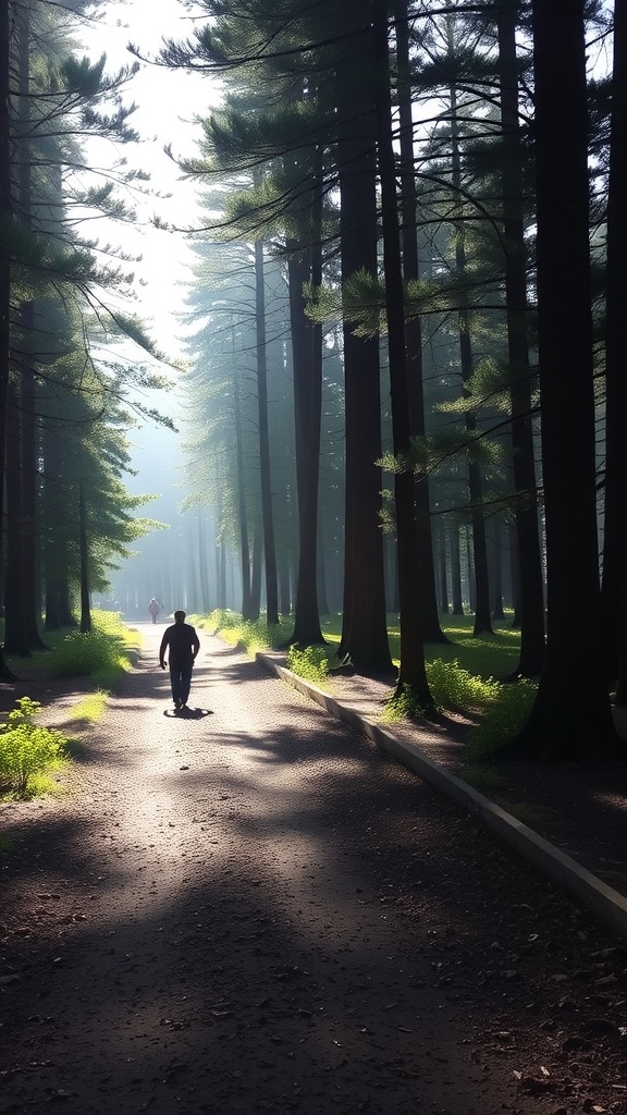 A person walking on a path surrounded by tall trees and sunlight filtering through the leaves.