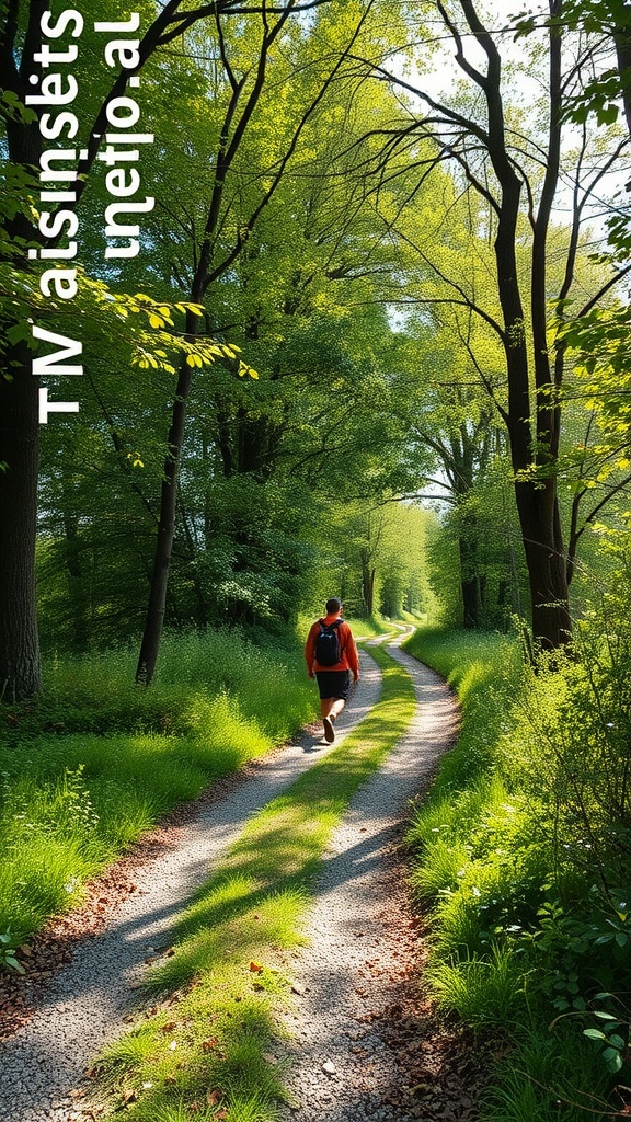 A person walking on a scenic path surrounded by lush green trees and grass.