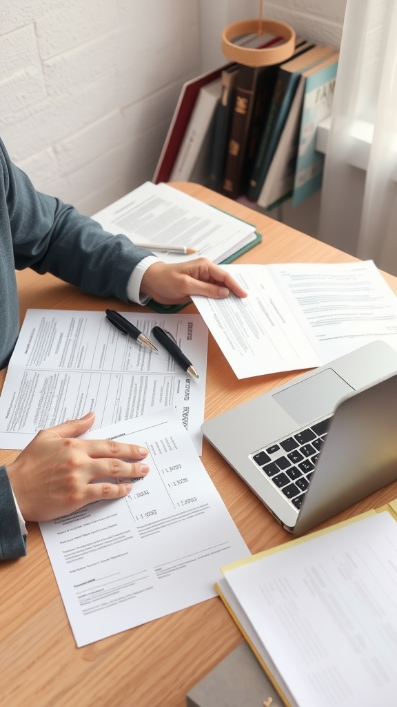 A person organizing business documents and legal papers on a desk
