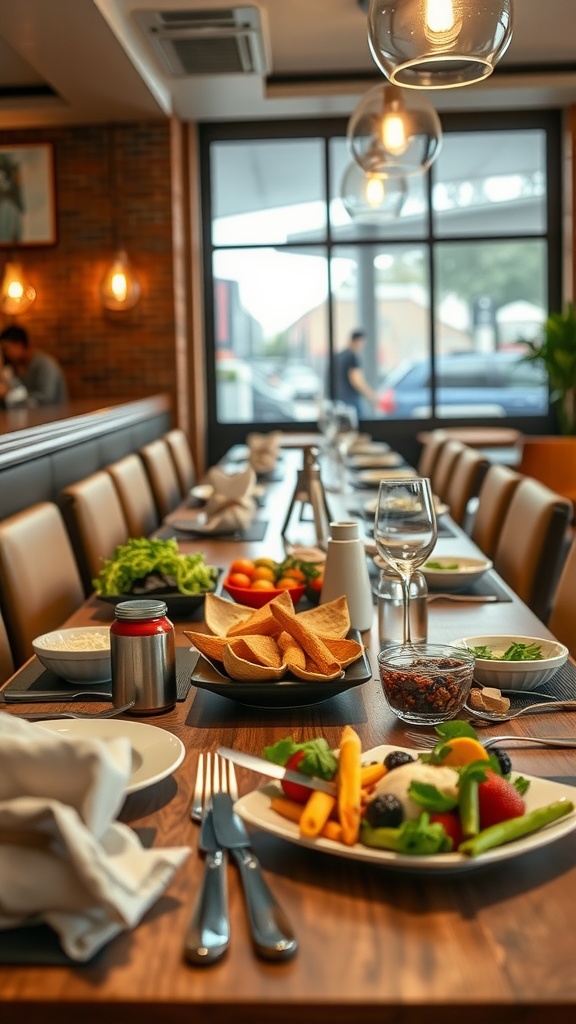 A beautifully arranged dining table with a variety of healthy dishes, including vegetables, fruits, and sauces.
