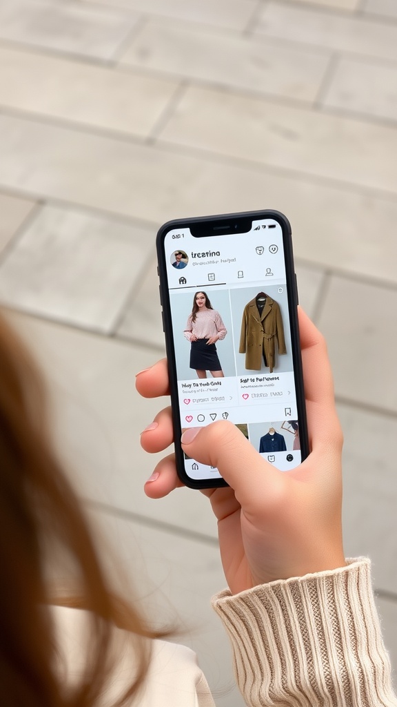 A person holding a smartphone displaying a social media app with fashion content.
