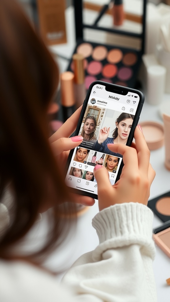 A person browsing beauty images on their phone with makeup products in the background.