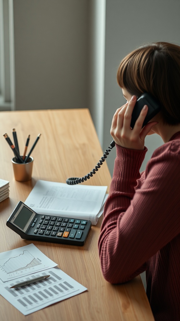 Person negotiating bills on the phone with a calculator and financial documents on the desk