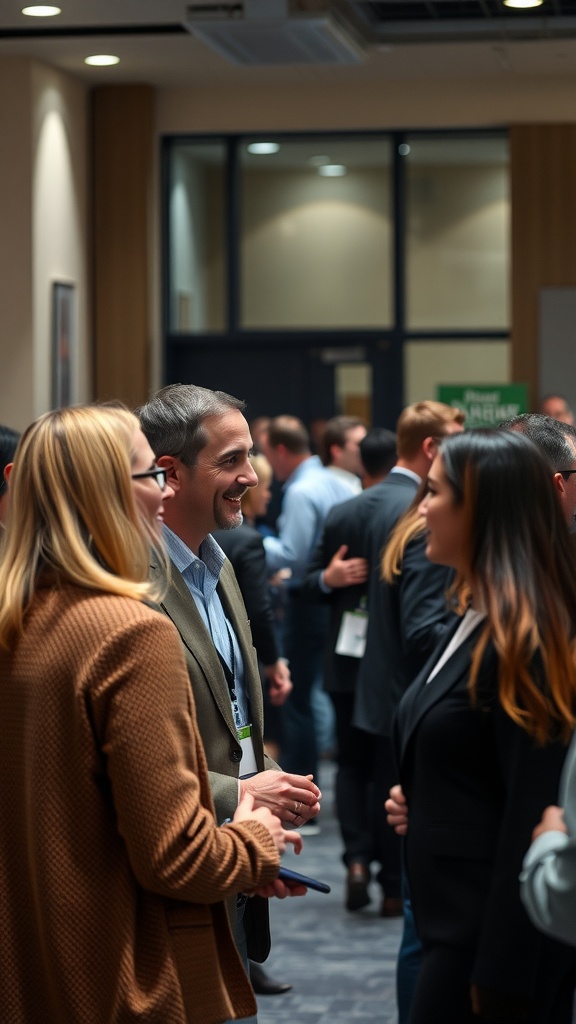 A group of professionals networking and engaging in conversation at an event.