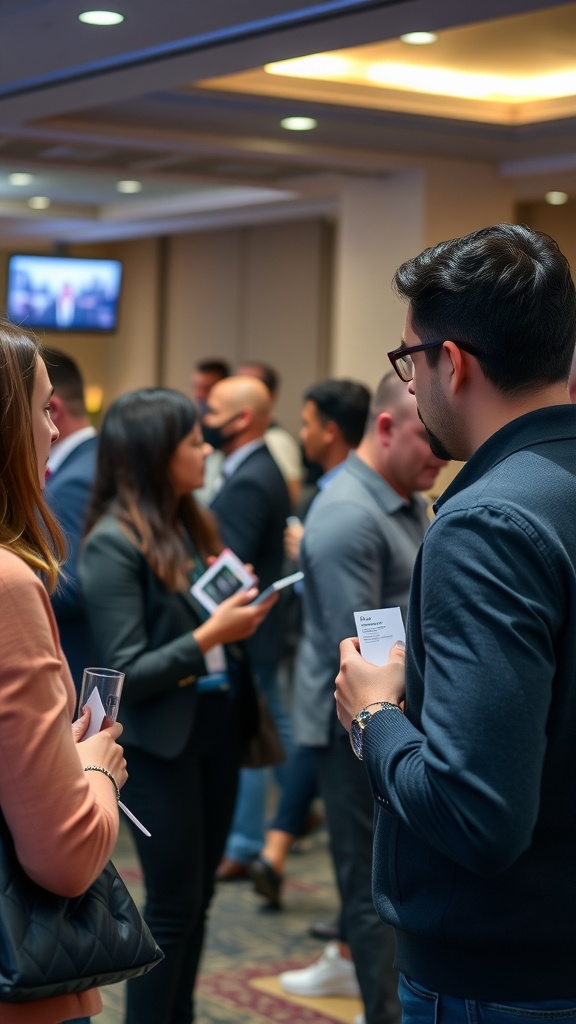 A group of professionals networking at an event, exchanging business cards and ideas.