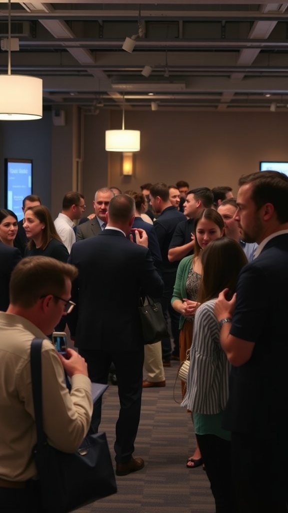 A group of professionals networking at an event, engaging in conversations.