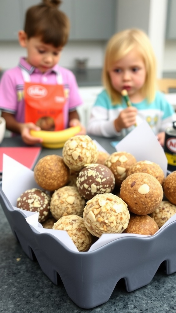 Two kids looking at a bowl of no-bake energy bites while one holds a banana.