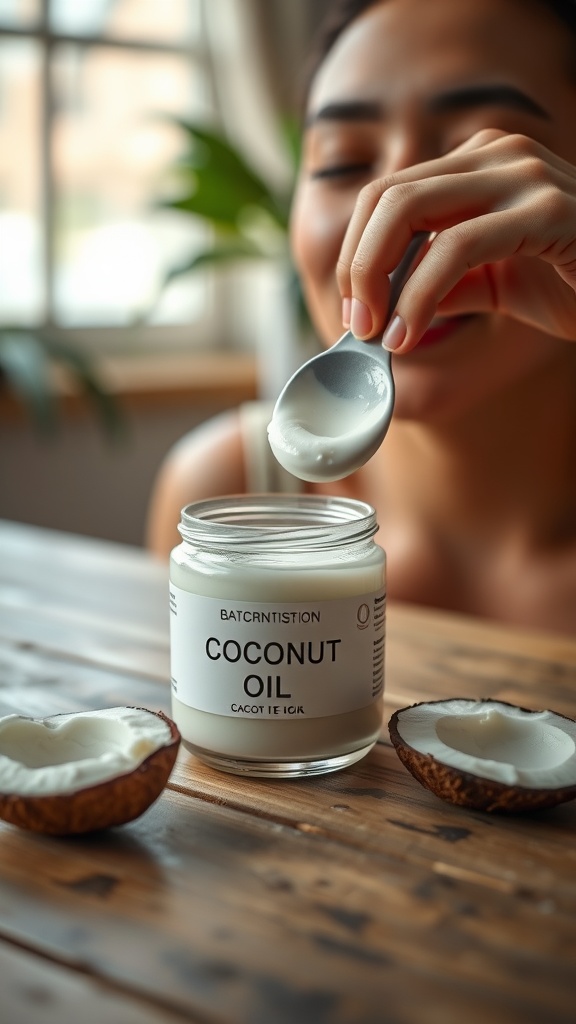 A woman holding a spoonful of coconut oil next to a jar of coconut oil and two coconut halves.