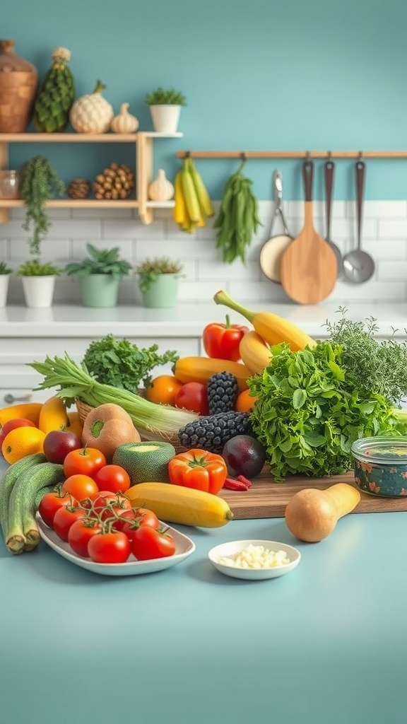 A vibrant assortment of fresh fruits and vegetables on a kitchen counter.