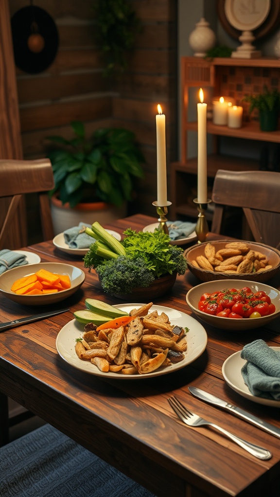 A cozy dining table set with various home-cooked meals and candles.