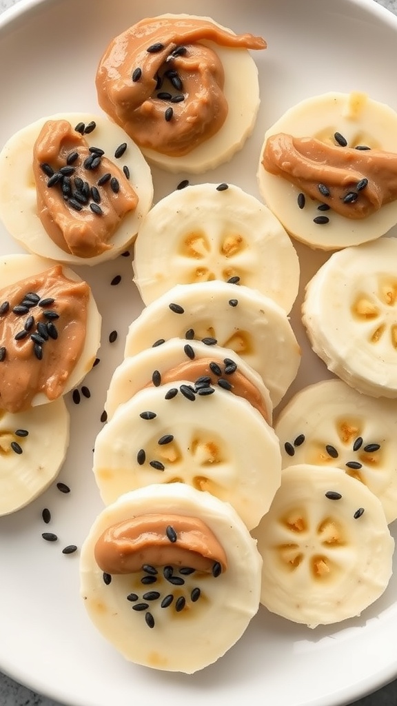 Nut butter banana bites with banana slices topped with peanut butter and black seeds on a white plate.