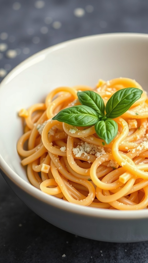 A bowl of spaghetti topped with nutritional yeast and a basil leaf.