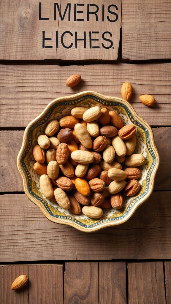 A bowl of assorted nuts on a wooden table.