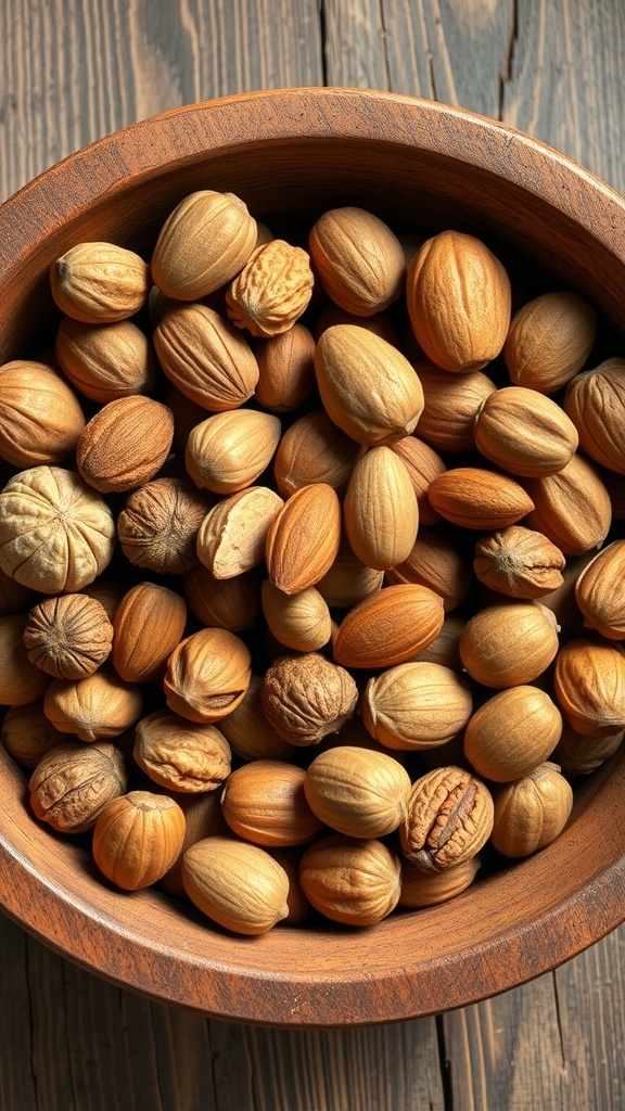 A bowl filled with various types of nuts, showcasing their natural textures and colors.