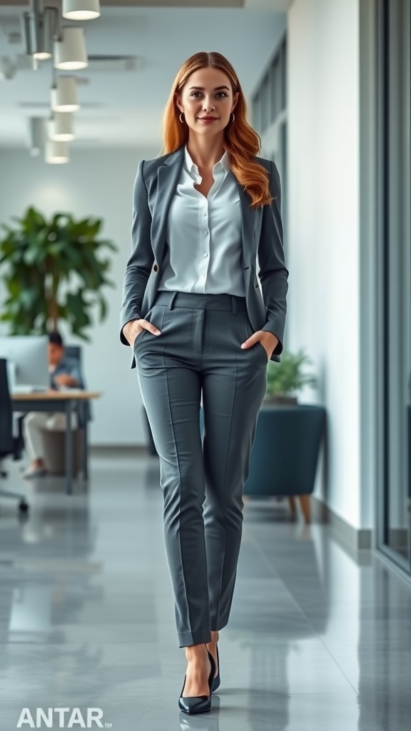A stylish outfit featuring tailored trousers and a cream button-up shirt in a modern office setting.