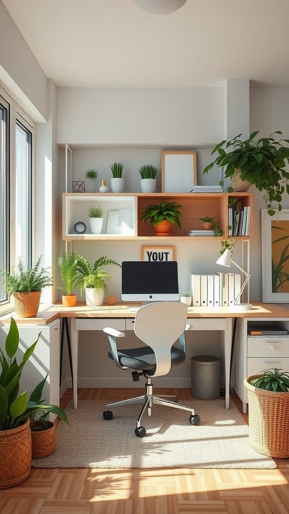 A bright and organized workspace featuring plants, a desk, and a comfortable chair.