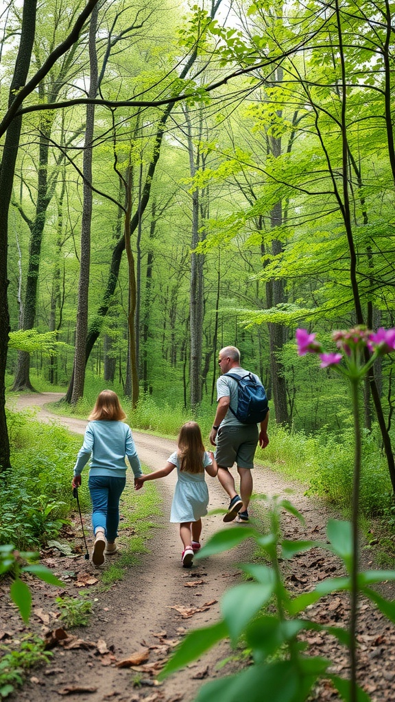 A family walking hand in hand along a forest trail