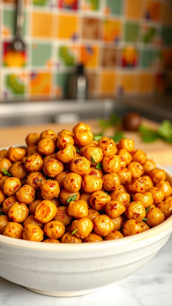 A bowl of crispy oven-roasted chickpeas, seasoned and ready to snack on.