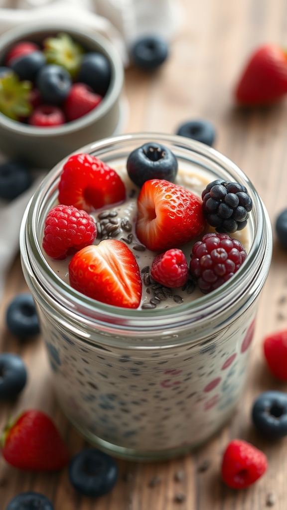 A jar of overnight oats topped with various berries, including strawberries, raspberries, blackberries, and blueberries.