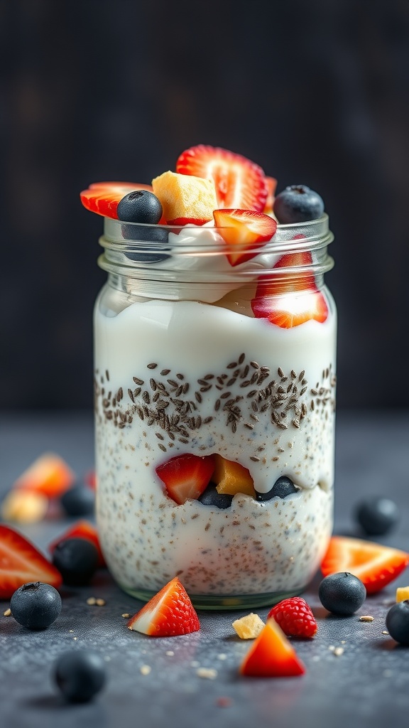 A jar of overnight oats with layers of yogurt, chia seeds, and topped with strawberries, blueberries, and pineapple.
