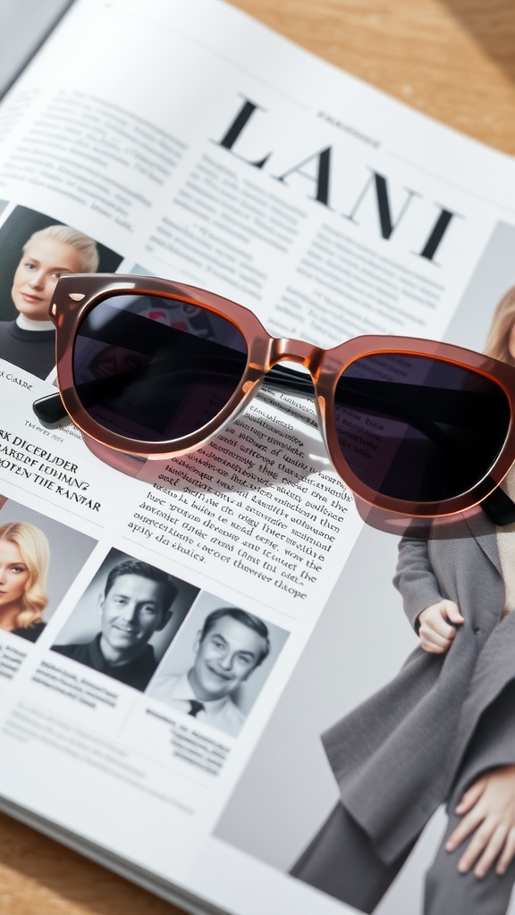 A pair of stylish oversized sunglasses resting on a magazine.