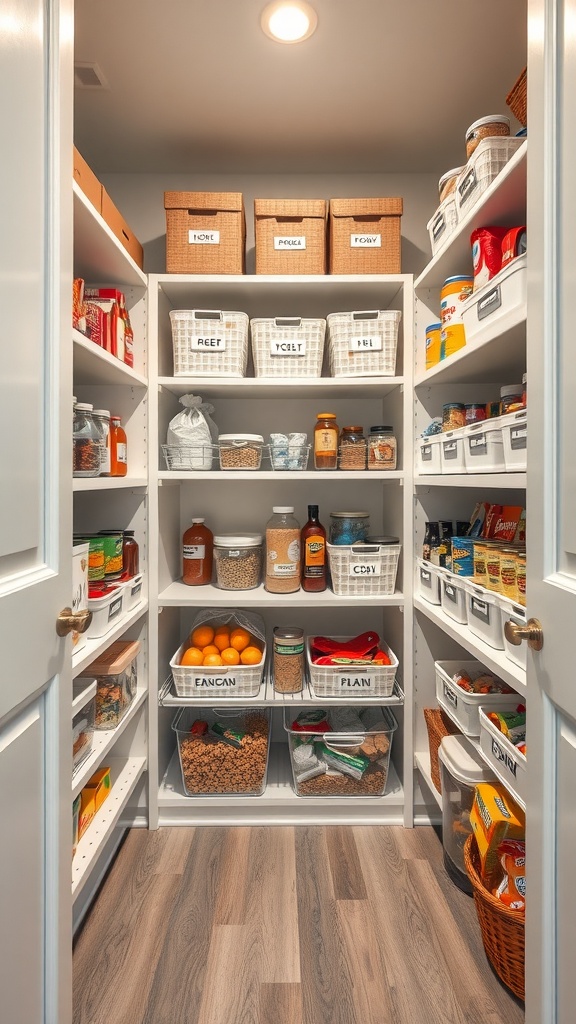 A well-organized pantry with labeled bins and neatly arranged shelves
