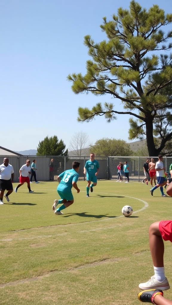 A group of people playing soccer on a sunny day.