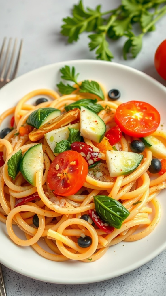 A plate of pasta primavera with colorful vegetables like tomatoes, zucchini, and herbs.