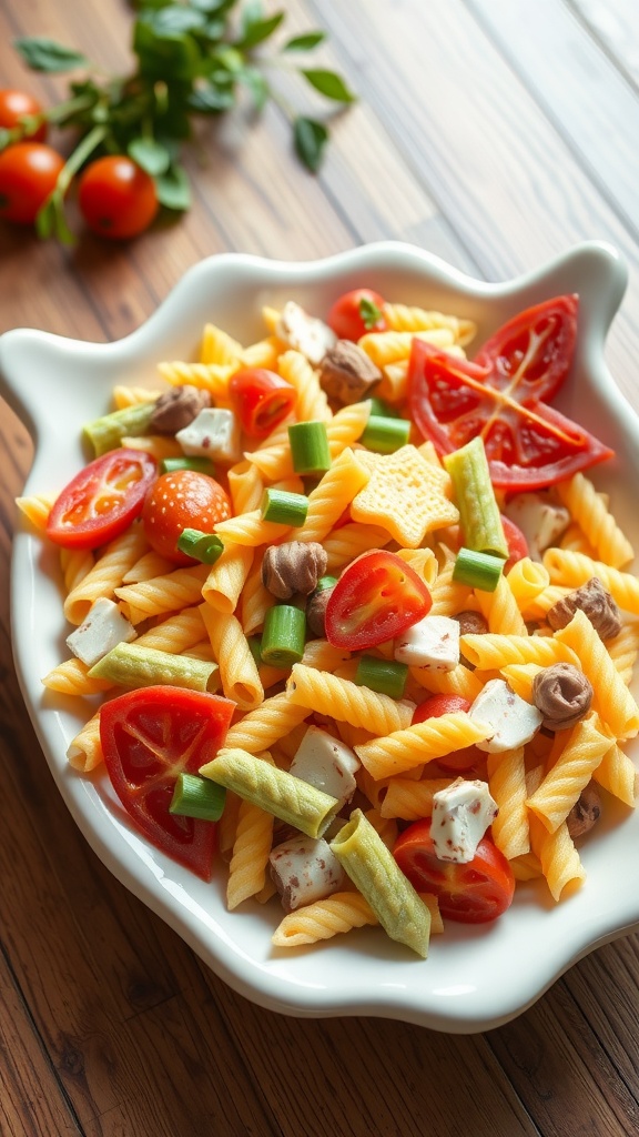 A colorful pasta salad with various vegetables and shapes.