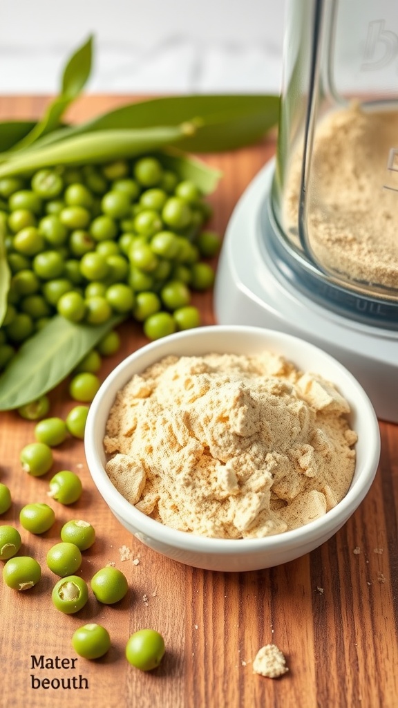 A bowl of pea protein powder surrounded by fresh green peas and leaves.