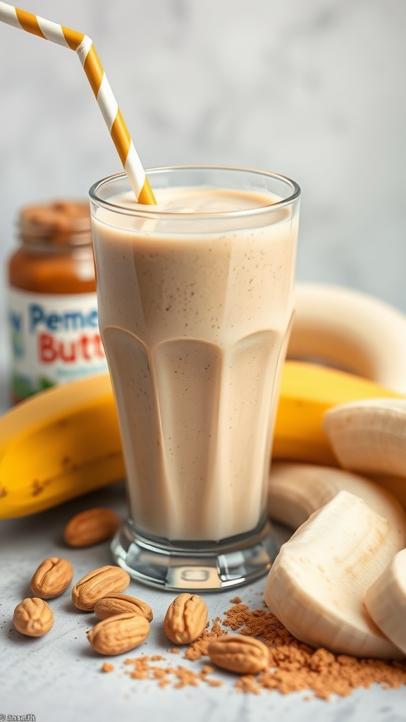 A creamy peanut butter banana smoothie in a glass with a straw, surrounded by bananas and almonds.