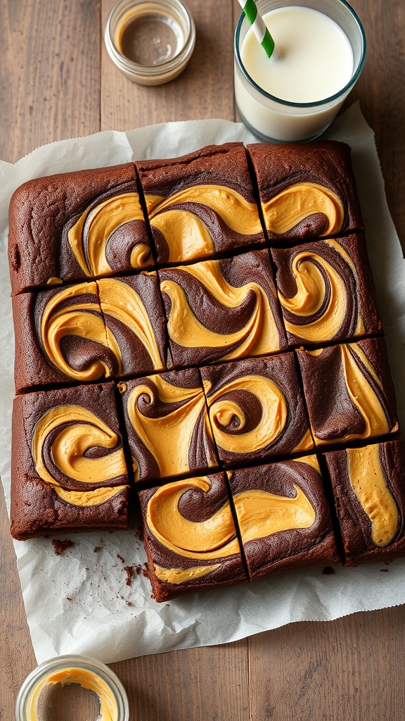Delicious peanut butter swirl brownies on a wooden table with a glass of milk
