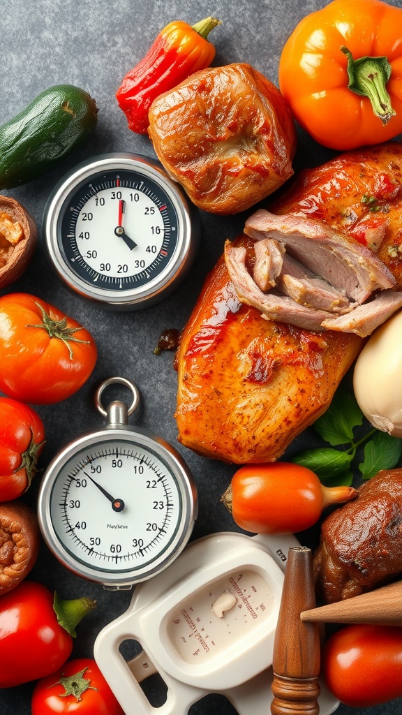 Various vegetables and meats with timers for cooking.