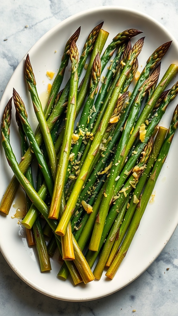 A plate of perfectly roasted asparagus with a hint of lemon and seasoning