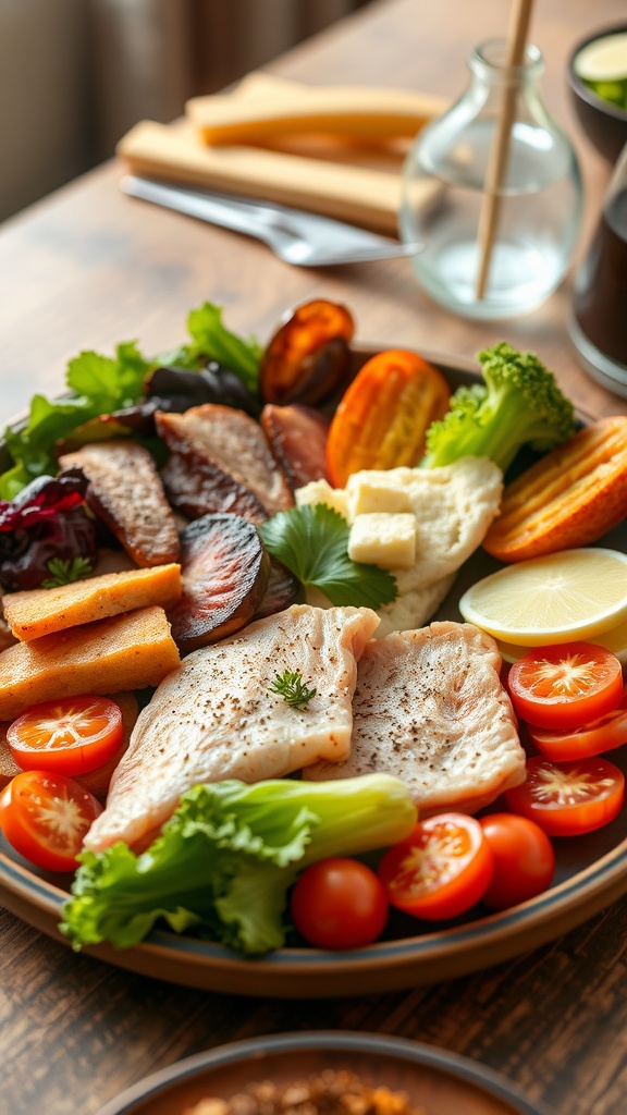 A colorful plate of balanced meals with proteins, vegetables, and healthy fats