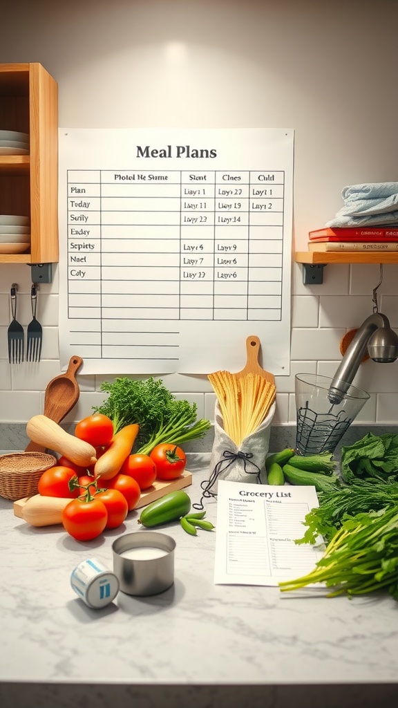 A meal planning chart with fresh vegetables, a grocery list, and cooking utensils on a kitchen counter.
