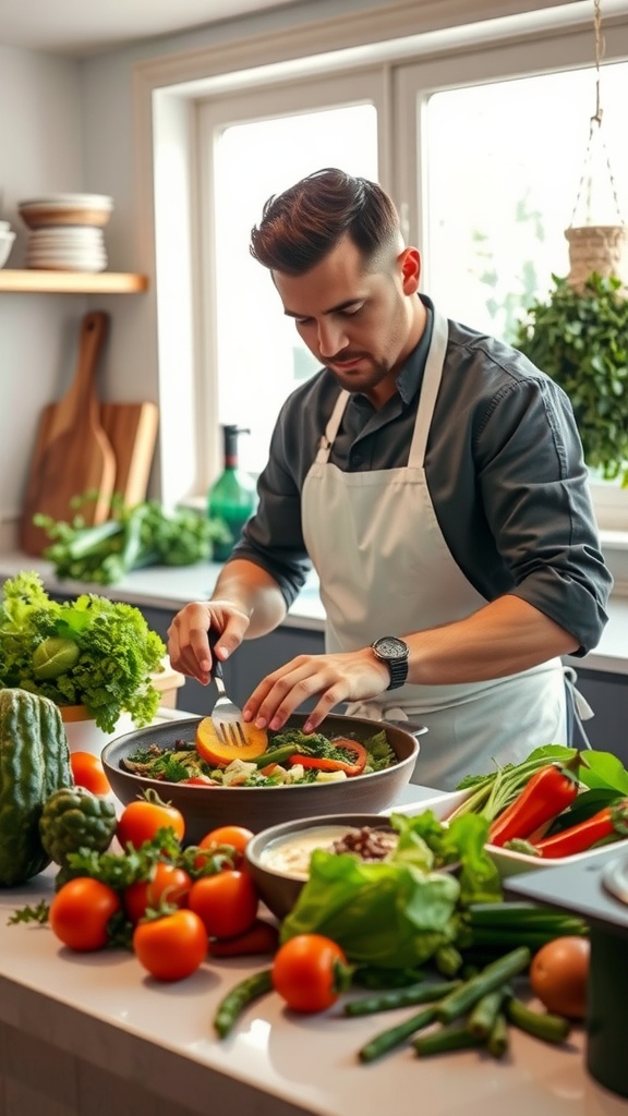 A chef preparing a colorful plant-based dish in a kitchen surrounded by fresh vegetables and herbs.