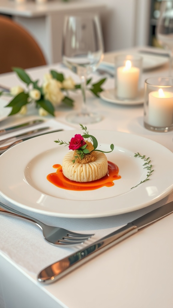 An elegantly plated dish with a flower garnish and sauce.