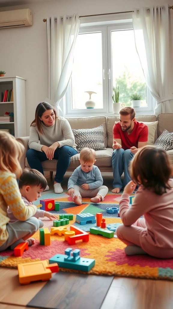 A family enjoying playtime together on a colorful rug with toys.
