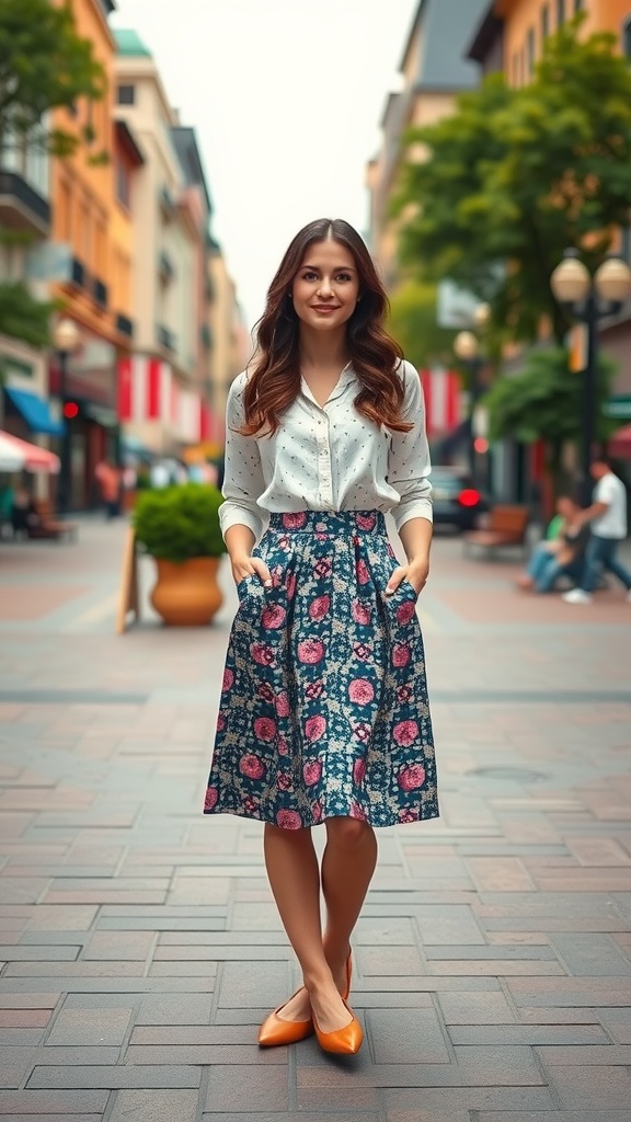 A woman wearing a floral midi skirt and a white blouse, standing in a city street.