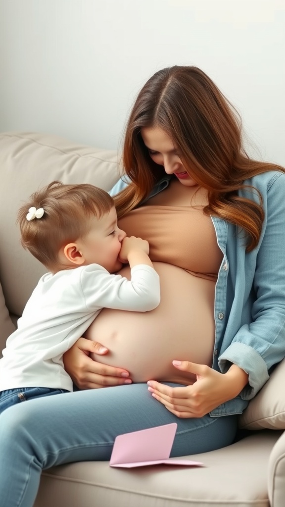 A pregnant woman sitting on a couch with her young child, who is playfully leaning against her belly.