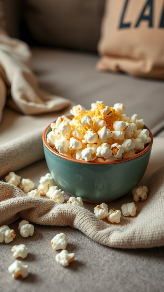 A bowl of popcorn topped with nutritional yeast, surrounded by scattered popcorn on a cozy surface.