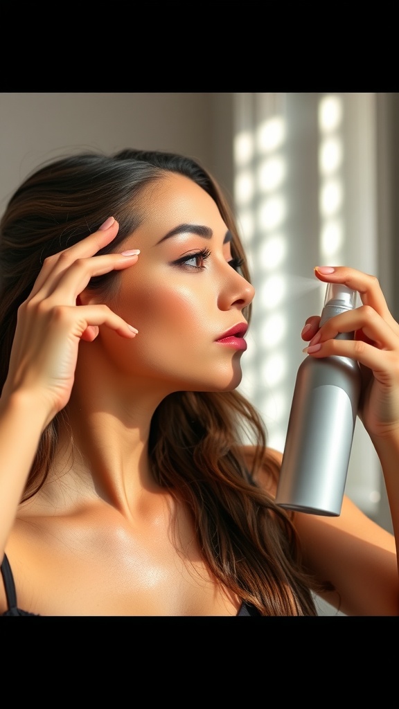 A woman applying setting spray to her face, looking focused and ready.