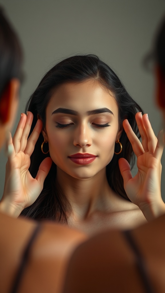 A young woman practicing facial yoga with her eyes closed.