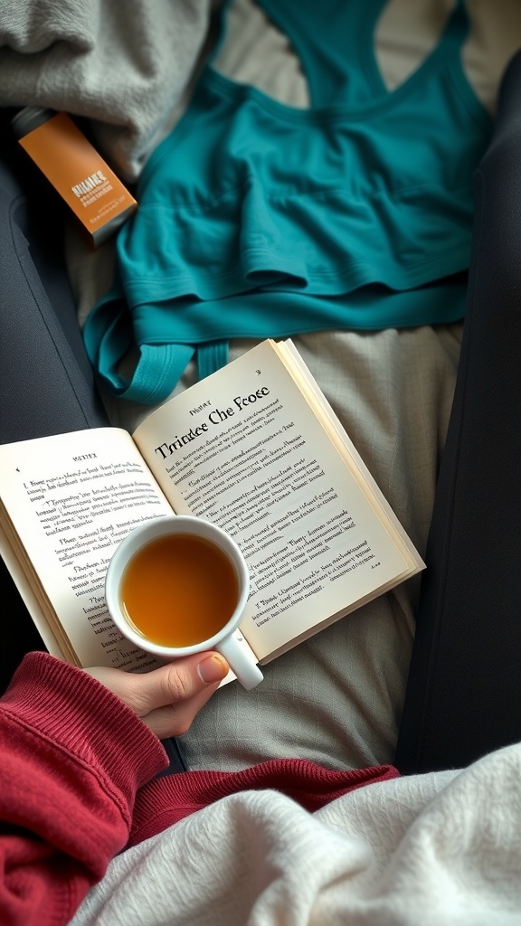 A person relaxing with a book and a cup of tea, accompanied by workout gear.