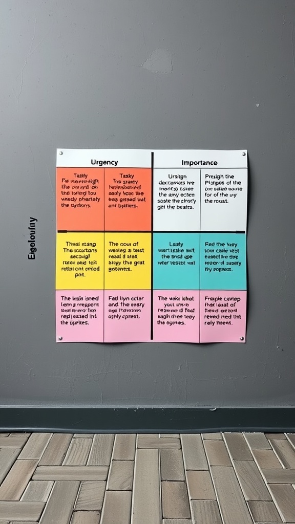A visual representation of the Eisenhower Matrix showing tasks sorted by urgency and importance.
